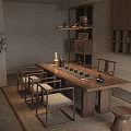 Chinese Style Wooden Tea Table and Chairs with Potted Plant and Hanging Lamp Decor