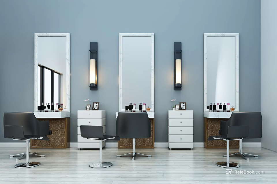 Modern Massage Chair In Salon With Mirrors Dressers And Light Blue Walls 3d model 