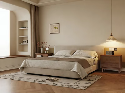 Cozy Beige Bedroom Interior With Large Bed Wooden Nightstand Table Lamp And Bookshelf 3d model