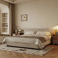 Cozy Beige Bedroom Interior With Large Bed Wooden Nightstand Table Lamp And Bookshelf