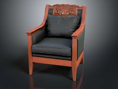 Traditional Wooden Chair With Intricate Carved Backrest And Black Cushioned Seat 3d model
