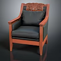 Traditional Wooden Chair With Intricate Carved Backrest And Black Cushioned Seat