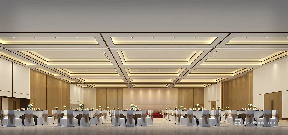 Spacious Elegant Banquet Hall Interior With Luxurious Ceiling Lighting And Neat Table Arrangement 3d model 