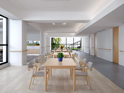 Spacious Bright Room With Wooden Table Light Chairs Green Plant And Large Windows 3d model