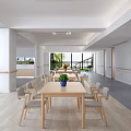Spacious Bright Room With Wooden Table Light Chairs Green Plant And Large Windows