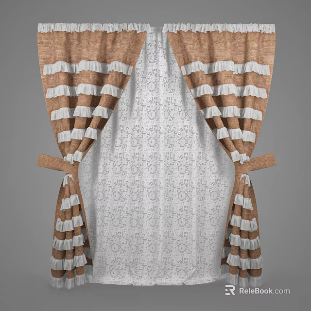 Brown Curtains With White Ruffles And Lace Sheer Panel With Tiebacks 3d model