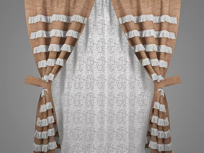 Brown Curtains With White Ruffles And Lace Sheer Panel With Tiebacks 3d model