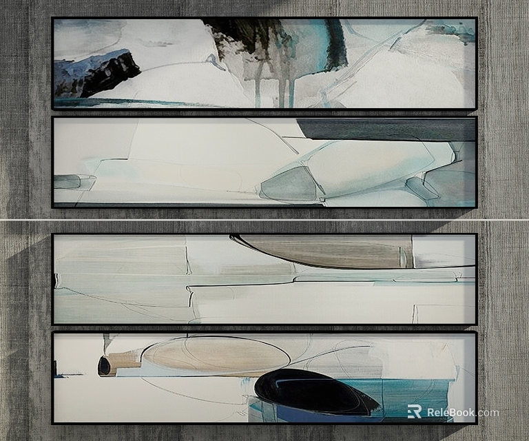 Modern Triptych Abstract Painting With Soft Blue Gray Hues And Geometric Shapes 3d model 