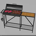 Outdoor Barbecue Grill With Meat Skewers And Orange Side Panel On Metal Stand