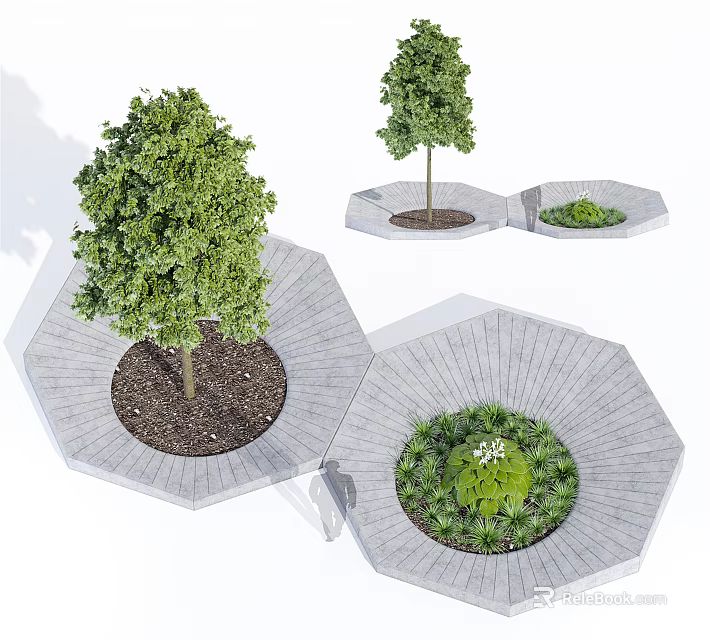 Lush Green Arbor Planted in Hexagonal Stone Planters with Soil and Small Plants 3d model 