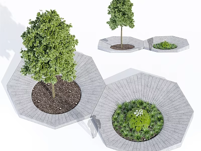 Lush Green Arbor Planted in Hexagonal Stone Planters with Soil and Small Plants 3d model