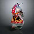 3D Character Biological Head Design With Metal Helmet Sharp Fangs And Colorful Details