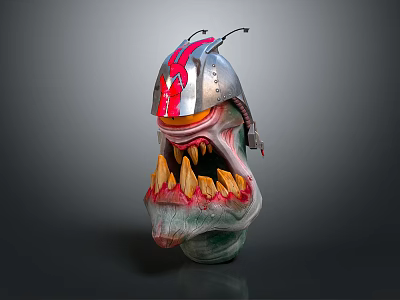 3D Character Biological Head Design With Metal Helmet Sharp Fangs And Colorful Details 3d model