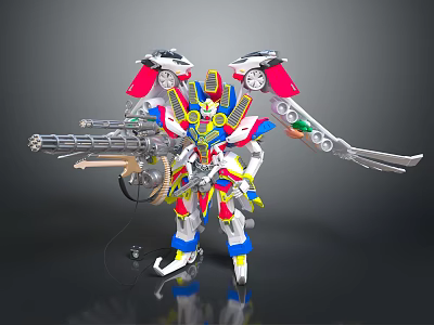 Detailed Colorful Mechanical Robot Character with Creature Wings and Weapon Design 3d model