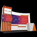 Modern Exhibition Display Shelves With Orange Pillars Digital Screen And Slogan