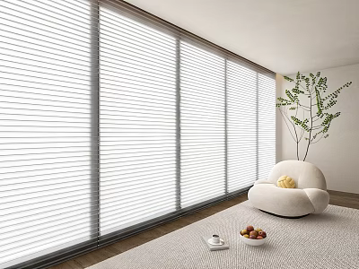 White Horizontal Blinds in Modern Living Room with Curved Sofa Green Plant and Fruit Bowl 3d model