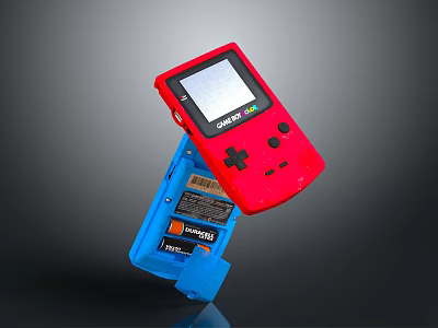 Red Game Boy Handheld Gaming Console With Blue Battery Pack Accessory 3d model
