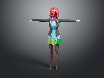 Game Movie Character With Pink Hair Blue Shirt Black Jacket Green Yellow Skirt Arms Outstretched 3d model