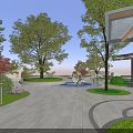Park Landscape With Green Trees Red Leaf Bushes Paved Walkway Water Fountain And Canopy Structure