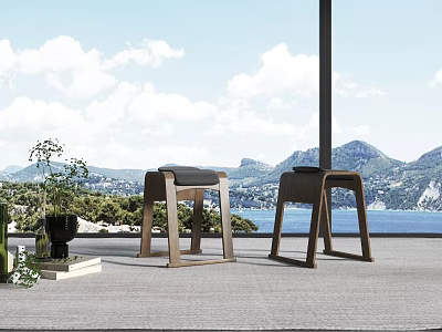 Wooden Stools with Black Cushions in Outdoor Setting Sea View Mountains Green Plants Blue Sky 3d model