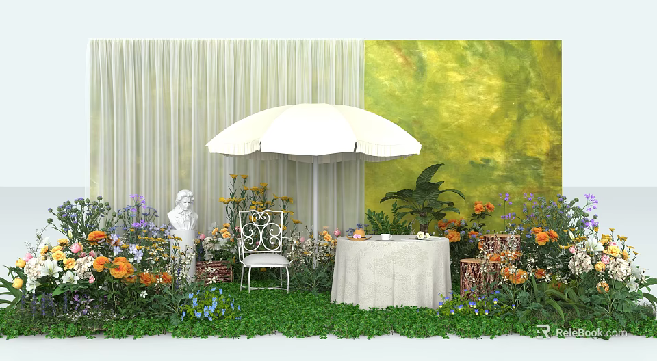 Scenic Check in Photo Spot With White Parasol Green Lawn Colorful Flowers And Vintage Chair 3d model 
