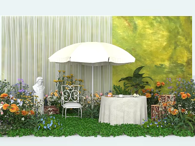 Scenic Check in Photo Spot With White Parasol Green Lawn Colorful Flowers And Vintage Chair 3d model