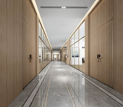 Modern Office Corridor Design With Wooden Doors Glass Partitions And Polished Marble Flooring 3d model
