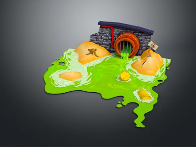 Whimsical Scene Featuring Green Sludge Stone Pipe Star Barrel And Sign Elements 3d model