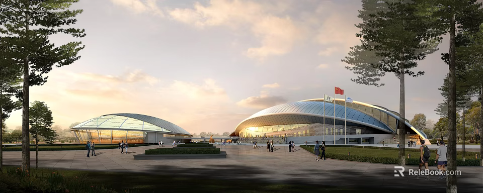 Modern Outdoor Stadium Architectural Design With Red Flag People And Sunset Sky 3d model 