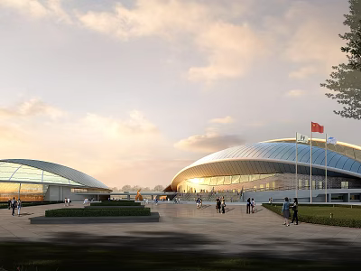 Modern Outdoor Stadium Architectural Design With Red Flag People And Sunset Sky 3d model
