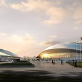 Modern Outdoor Stadium Architectural Design With Red Flag People And Sunset Sky
