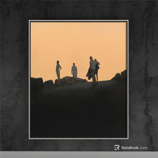 Figure Painting Of Group Of People Against Sunset Sky With Rocky Ground 3d model 