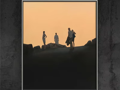 Figure Painting Of Group Of People Against Sunset Sky With Rocky Ground 3d model