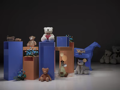 Colorful Toy Arrangement Featuring Teddy Bears Blue Horse Building Blocks And Flower Bouquets 3d model