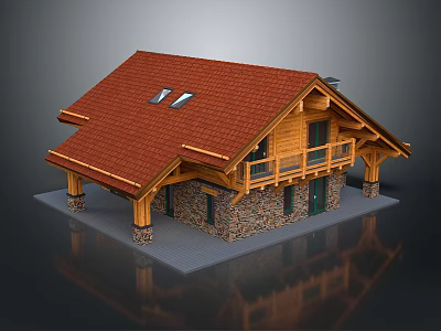 Detached Villa With Red Tile Roof Skylights Wooden Structure Stone Walls And Balcony 3d model