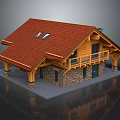 Detached Villa With Red Tile Roof Skylights Wooden Structure Stone Walls And Balcony