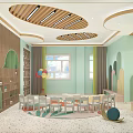 Modern Kindergarten Interior Design With Wooden Decor Circular Ceiling Colorful Cartoon Wall Round Tables Chairs