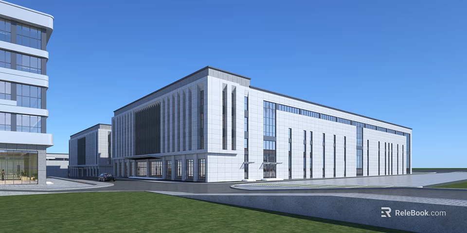 Modern White Stone Office Building With Large Windows Green Lawn And Clear Blue Sky 3d model 