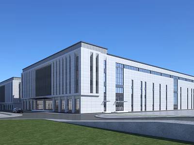 Modern White Stone Office Building With Large Windows Green Lawn And Clear Blue Sky 3d model