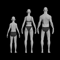 Three Models Including Adult Male Female and Child in Swimwear on Black Background