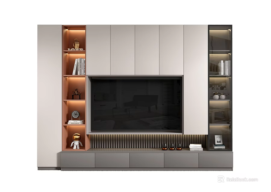 Modern TV Background Cabinet With Embedded Screen Open Shelves And Warm Lighting 3d model 