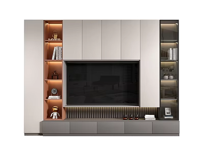 Modern TV Background Cabinet With Embedded Screen Open Shelves And Warm Lighting 3d model