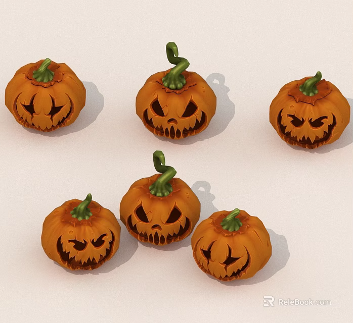 Halloween Decorative Jack o Lanterns With Spooky Faces Green Stems And Orange Color 3d model 