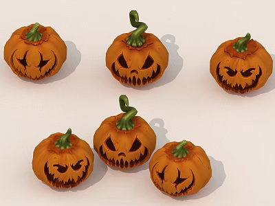 Halloween Decorative Jack o Lanterns With Spooky Faces Green Stems And Orange Color 3d model