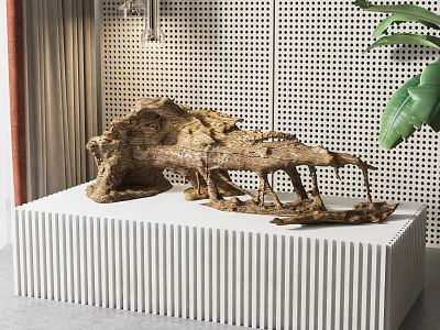 Natural Wooden Sculpture Displayed On White Striped Pedestal With Perforated Wall And Green Leaves 3d model