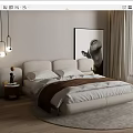 Modern Beige Double Bed Interior With Bedside Table Pendant Lights And Round Rug