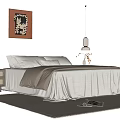 Cozy Double Bed With White Pillows Brown Duvet Beige Bedspread Nightstand Wall Art And Rug