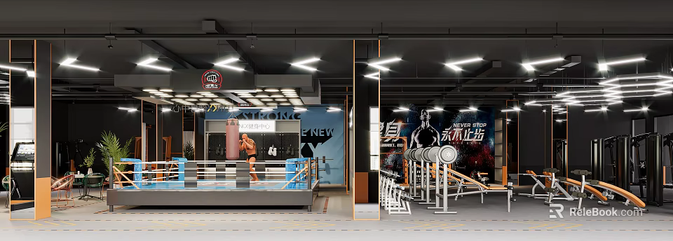 Modern Fitness Gym Interior With Boxing Ring Training Equipment And Bright Lighting 3d model 
