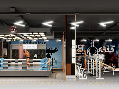 Modern Fitness Gym Interior With Boxing Ring Training Equipment And Bright Lighting 3d model
