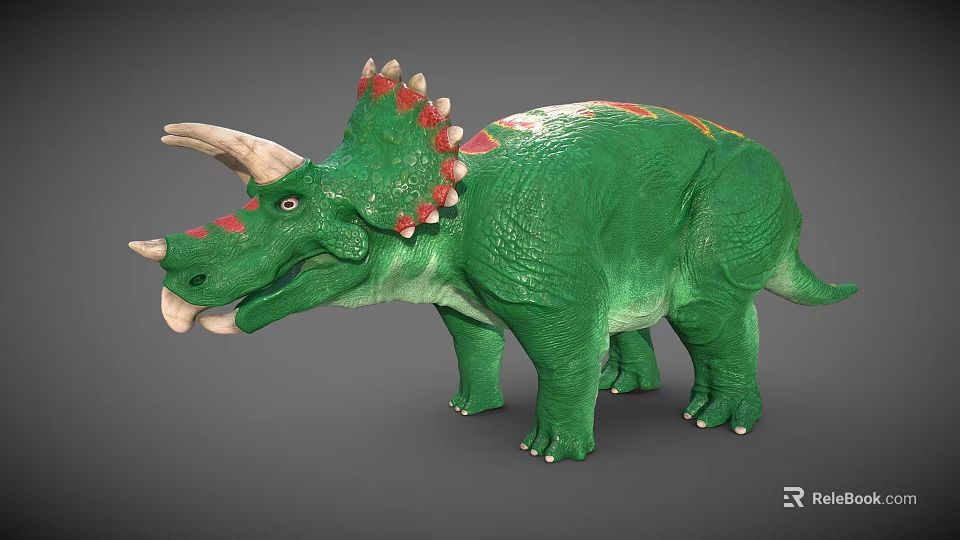 Green Plastic Triceratops Dinosaur Model With Red Spiked Head And Back 3d model 